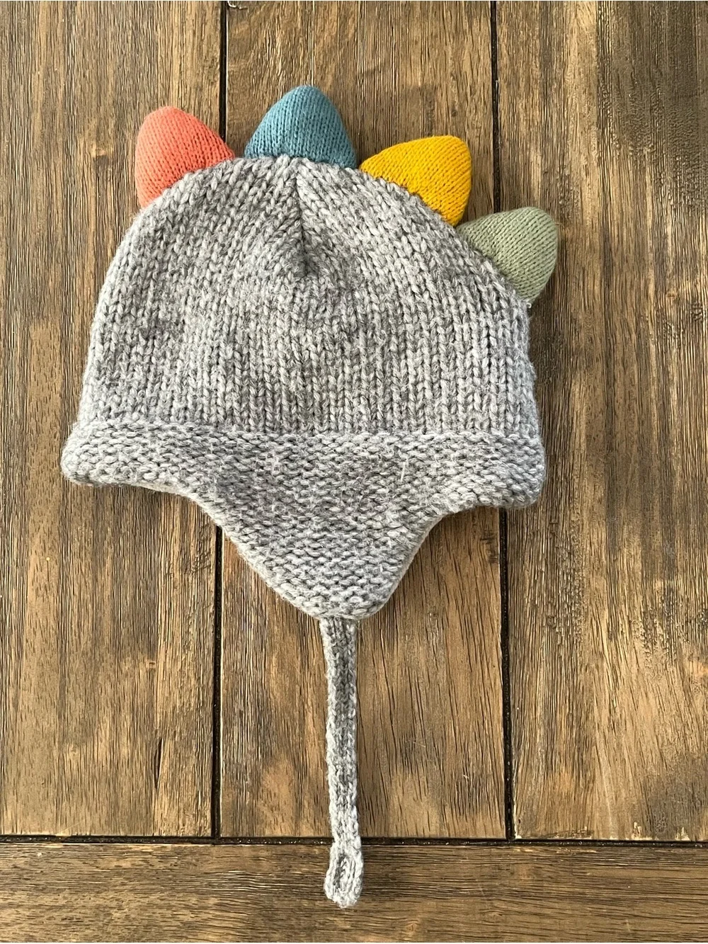 Target Gray Knit Dino Earflap Hat Colorful Spikes and Matching Mittens 0-6mo